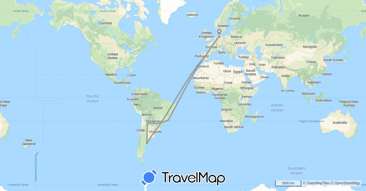 TravelMap itinerary: plane in Argentina, Brazil, Germany, Spain (Europe, South America)
